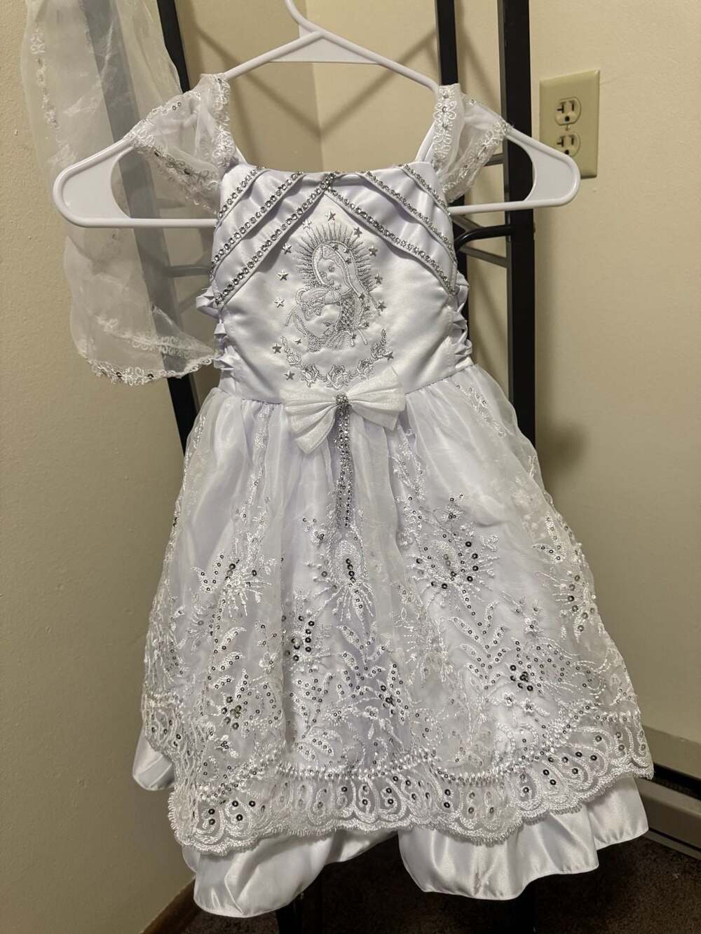 Girls White First Communion Dress with Virgin Mary Embroidery and Veil